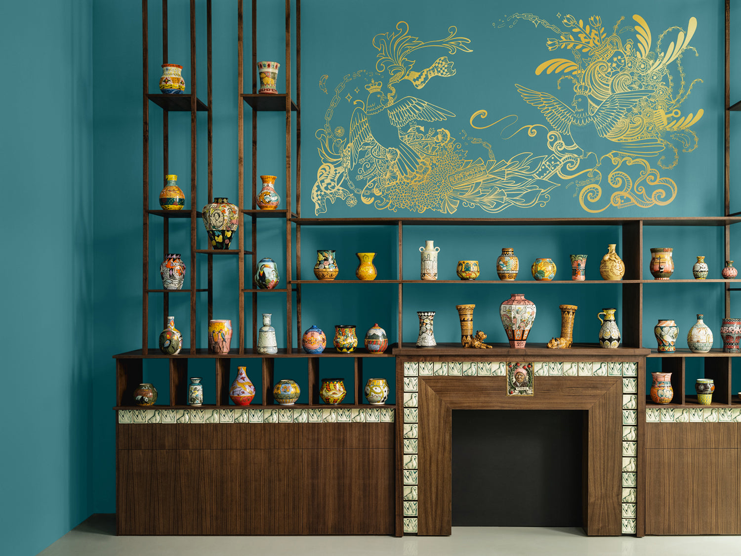 Living room with mineral blue Quetzal painted walls