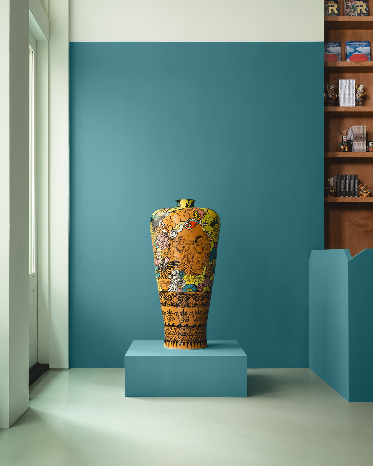 Dining room with mineral blue painted wall